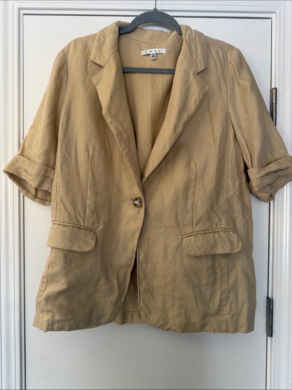CAbi Tan Short-Sleeve Linen-Blend Blazer
